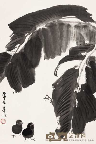 刘旦宅 庚申1980年作 小鸡螳螂 立轴 68.5×45.5cm